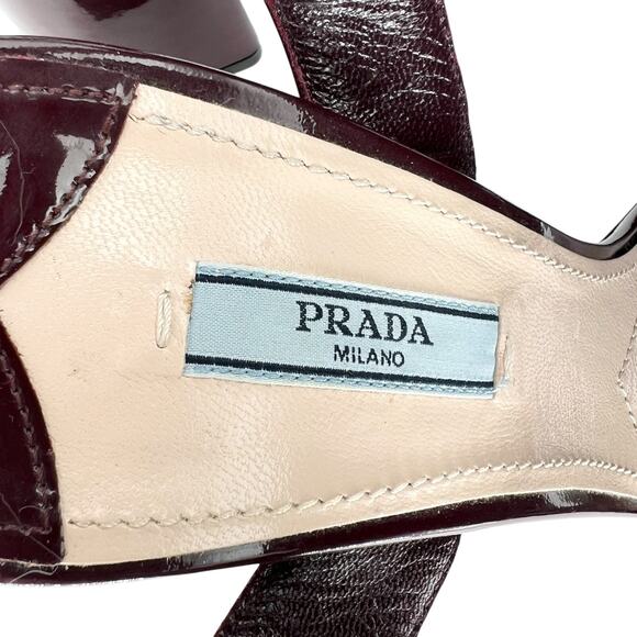PRADA Patent Leather Fringe Trim Kiltie Buckle Sandals EU 39.5 US 9.5 Block Heel - Picture 9 of 11